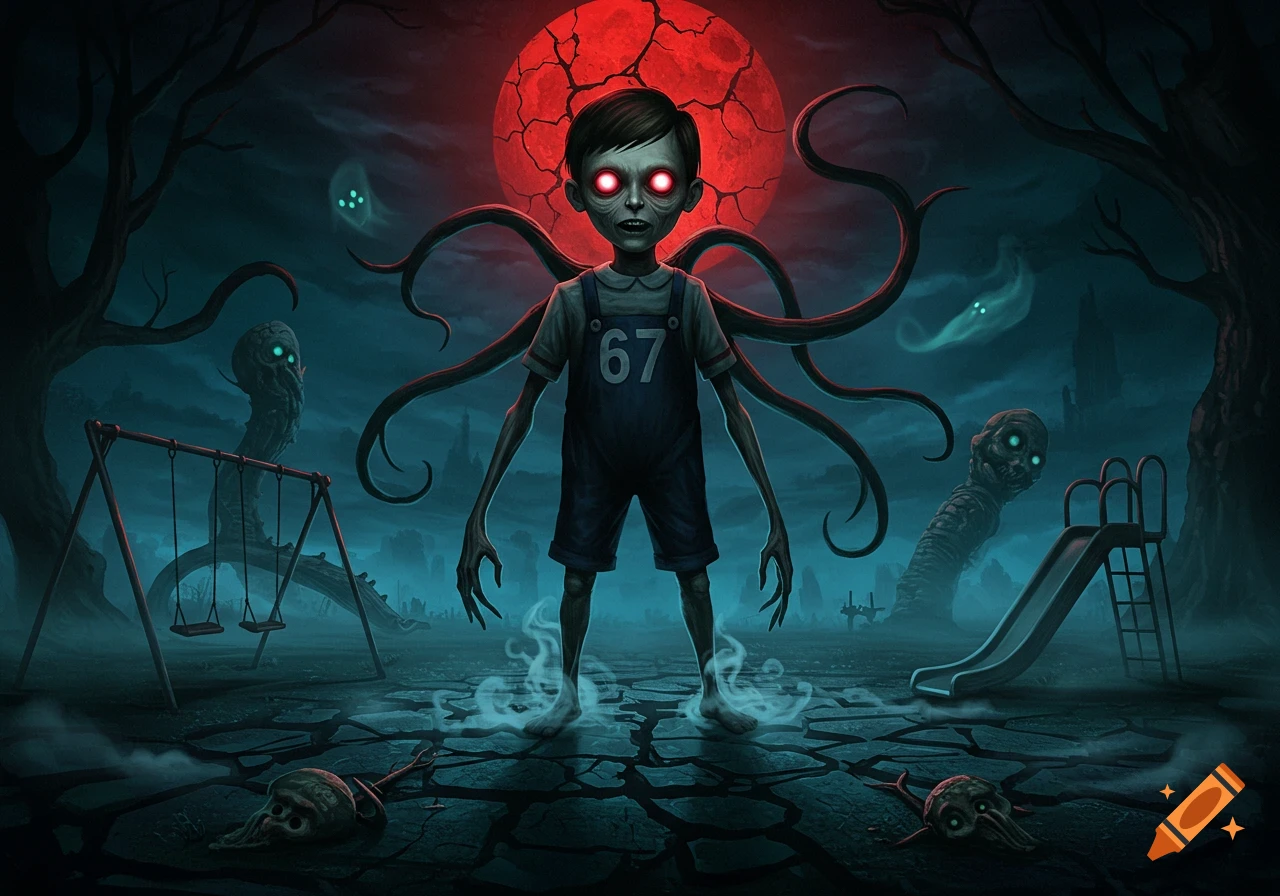 Creepy eldritch child with red eyes and tentacles, wearing overalls with '67', stands in a dark, desolate playground under a red moon.