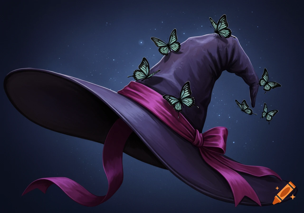 A dark purple witch's hat with a bright pink ribbon, adorned with light blue butterflies, against a starry night sky.