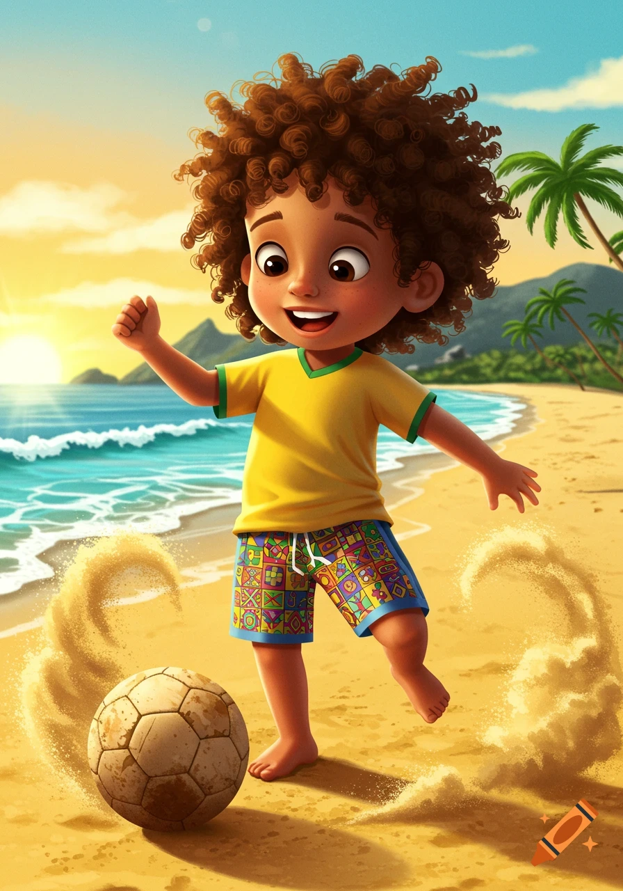A happy cartoon boy with curly brown hair plays soccer on a sunny beach at sunset, kicking up sand.