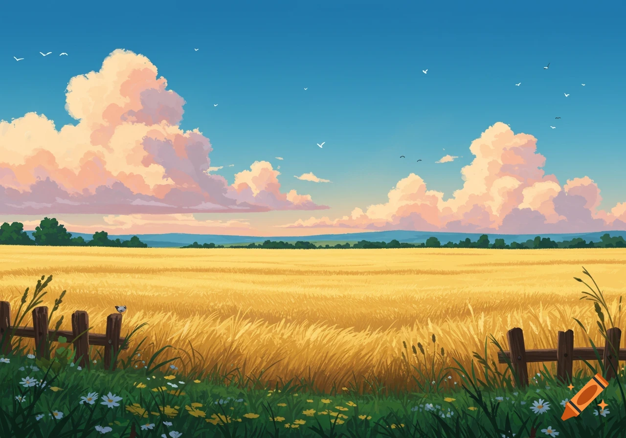 Anime-style illustration of a golden wheat field with a wooden fence and wildflowers under a blue sky with fluffy pink clouds.