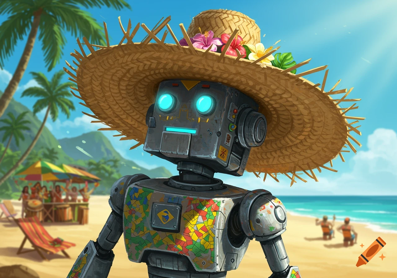 A friendly robot with glowing blue eyes, a colorful mosaic chest, and a straw hat with flowers stands on a sunny tropical beach.