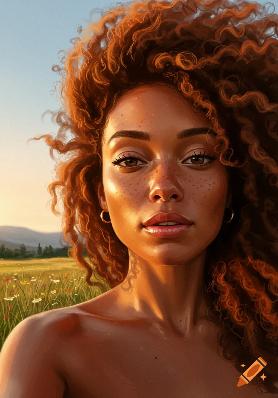 Close-up portrait of a young woman with curly red hair and freckles, bathed in golden hour light in a wildflower field.
