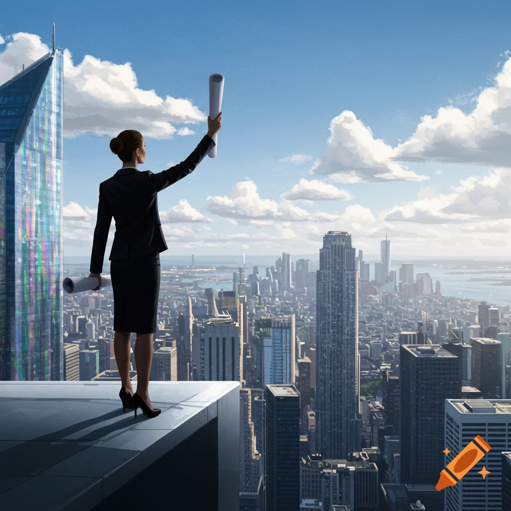 A businesswoman stands on a skyscraper rooftop, holding rolled papers and looking out over a sprawling city skyline under a blue sky.