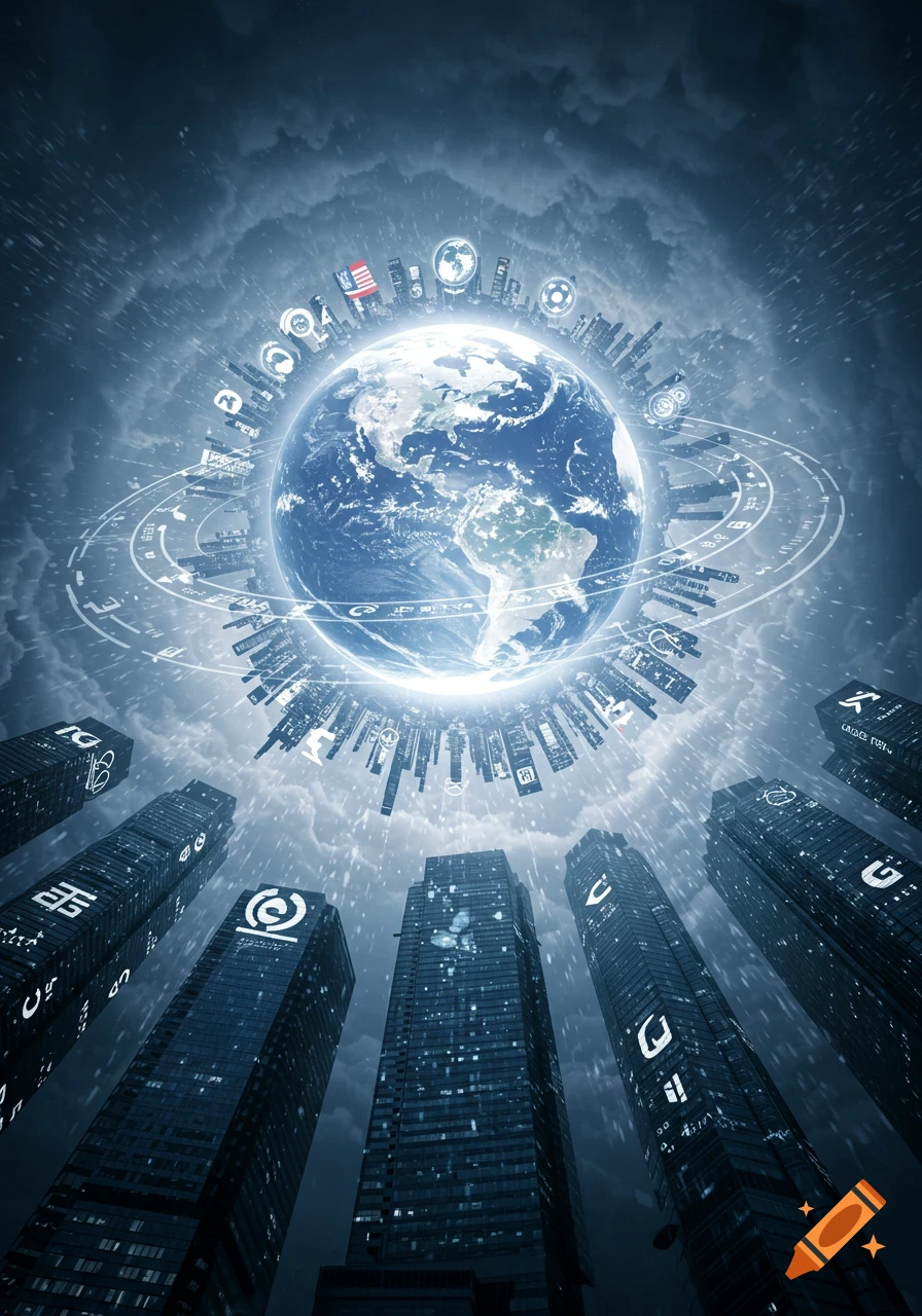 View looking up at dark skyscrapers towards a glowing Earth surrounded by digital rings and symbols in a stormy sky.