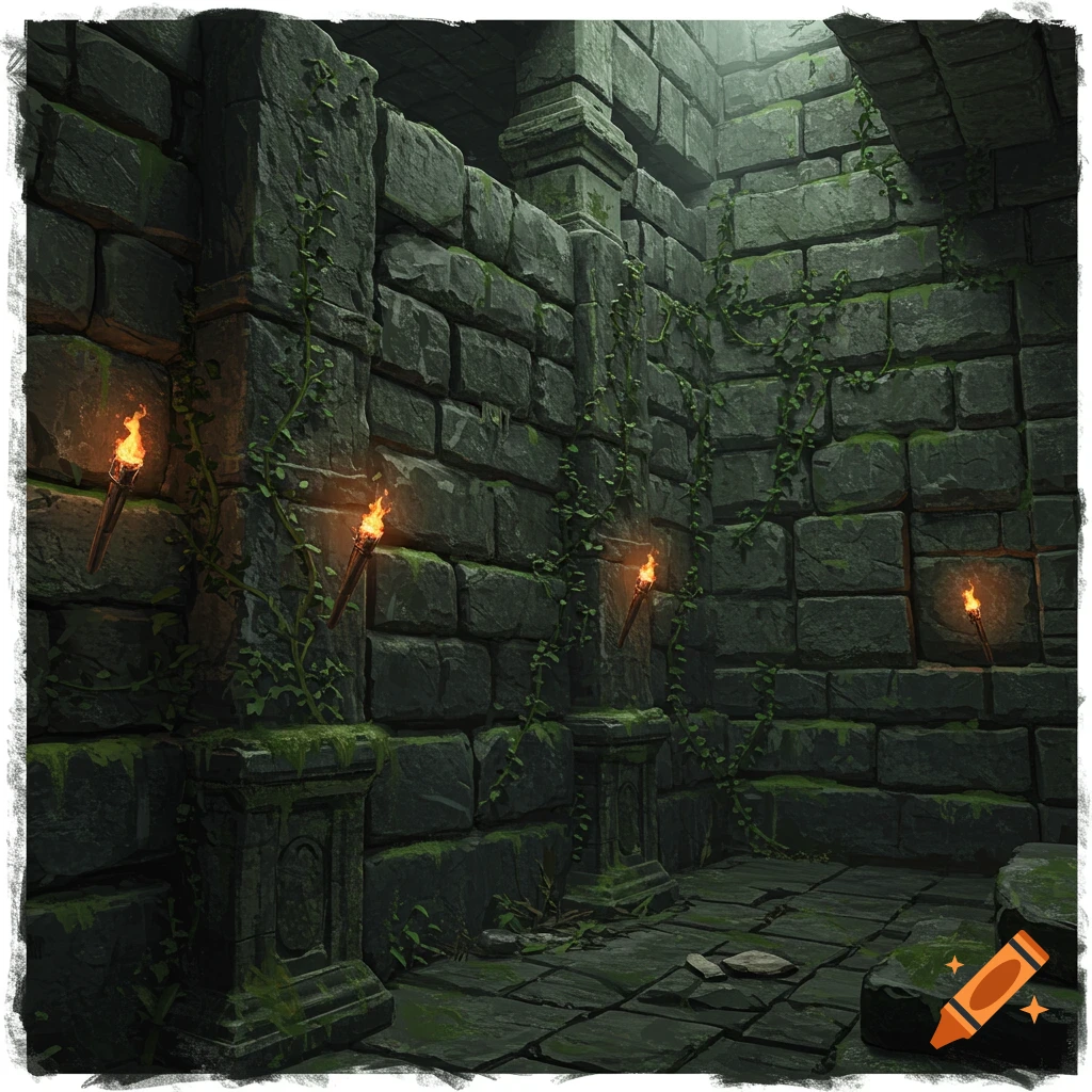 A dark, moss-covered stone dungeon wall illuminated by several burning torches, with green vines clinging to the ancient blocks.