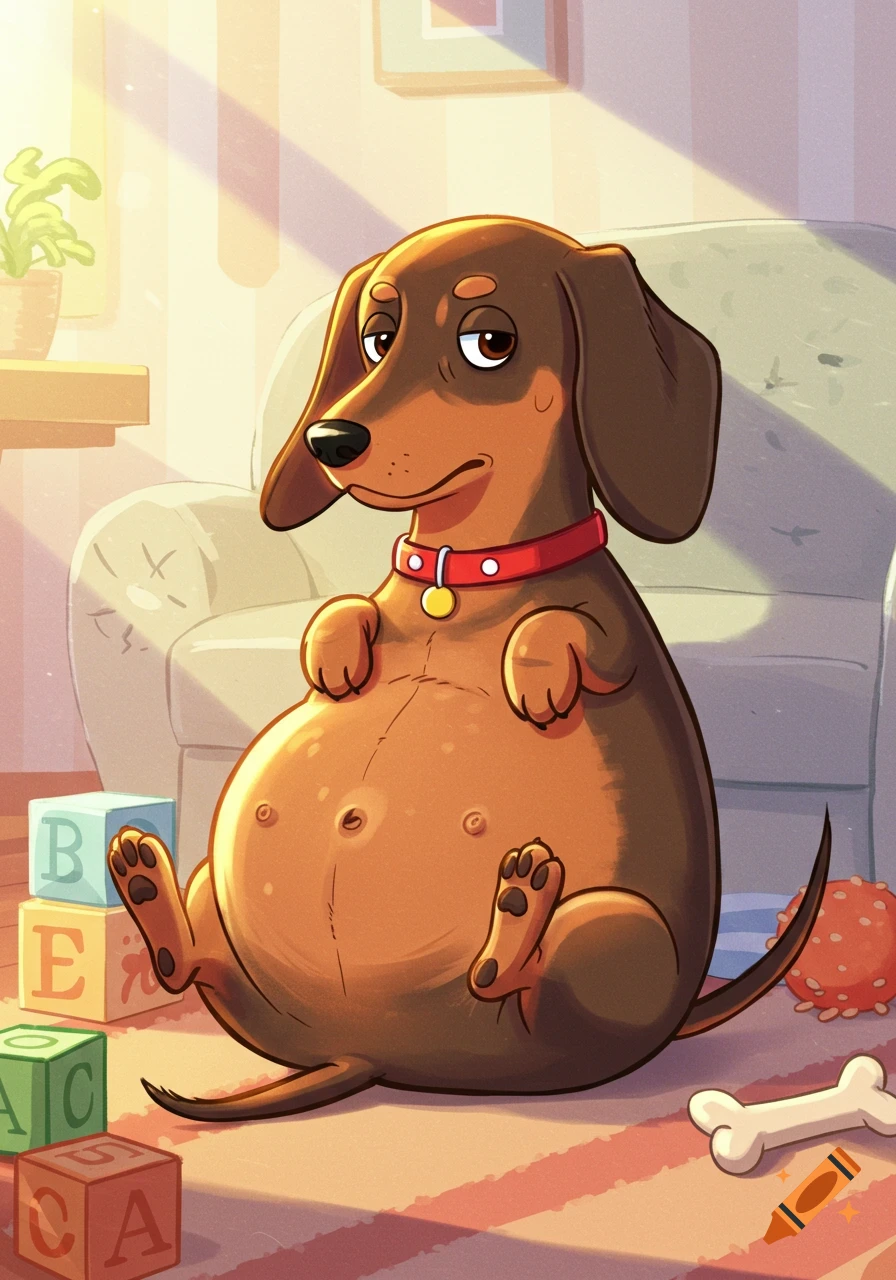 A cartoon dachshund dog with an extremely rotund belly sits on a striped rug among colorful building blocks.