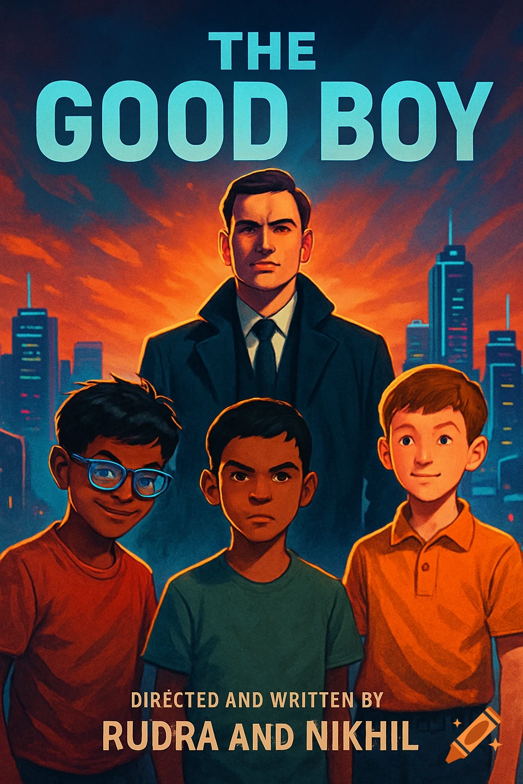 A movie poster for 'The Good Boy' featuring a man in a black coat standing behind three boys, with a city skyline at sunset in the background.