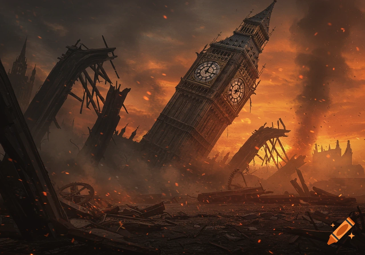 A dark, dramatic image of Big Ben destroyed and leaning heavily amidst rubble and fire under a fiery orange-red sky.