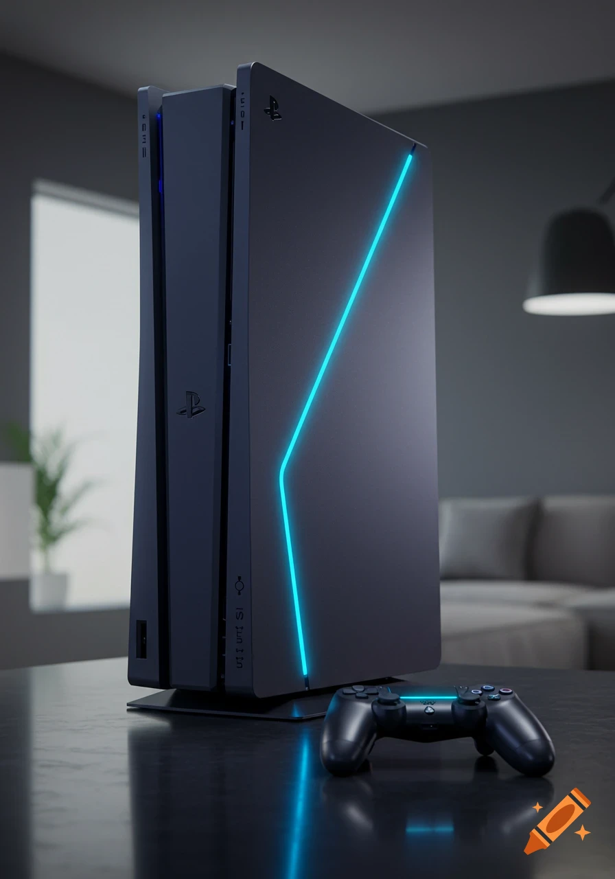 A dark PlayStation-style console with a glowing blue light strip and a black controller sits on a table in a modern room.