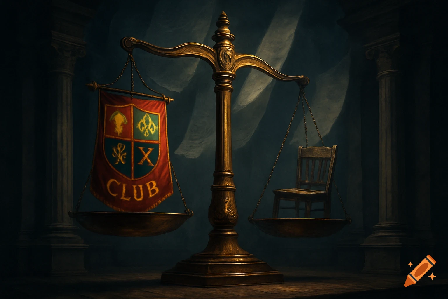 A bronze scale of justice with a 'CLUB' banner on one side and a wooden chair on the other, in a dim, formal room.