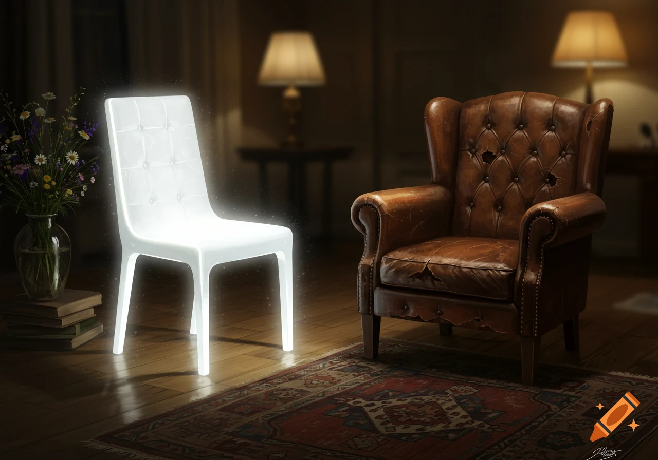 Photorealistic image of a glowing white modern chair beside an old, decaying brown leather armchair in a dimly lit room.