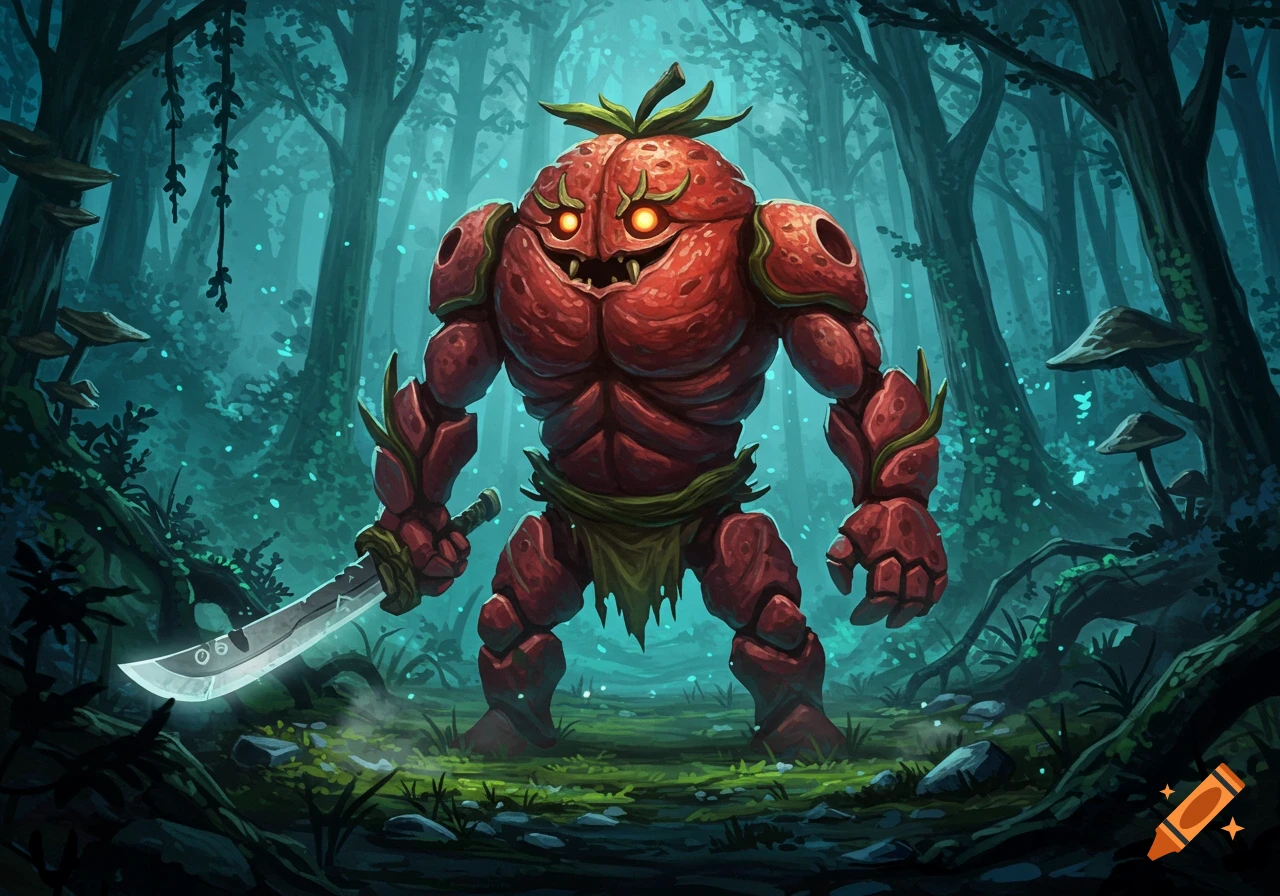A red, muscular strawberry-like monster, an Oni fruit golem, with glowing eyes holds a sword in a dark fantasy forest. Stylized art.