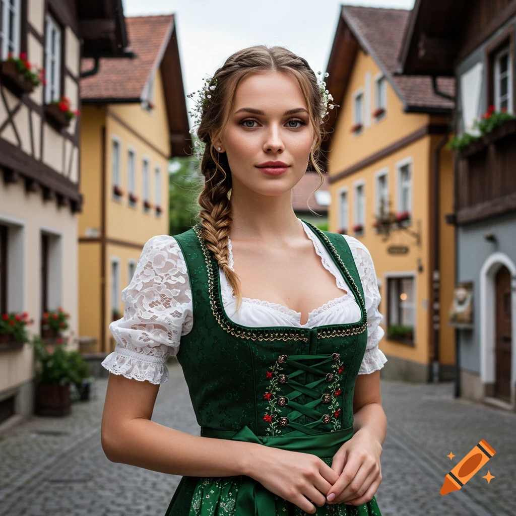 A young woman in a green dirndl with a white lace blouse and flowers in her braided hair stands on a cobblestone street with European buildings.