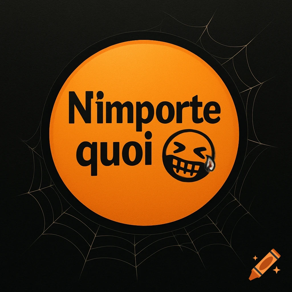 An orange circle with 'N'importe quoi' and a laughing-crying emoji, on a black background with spiderwebs.