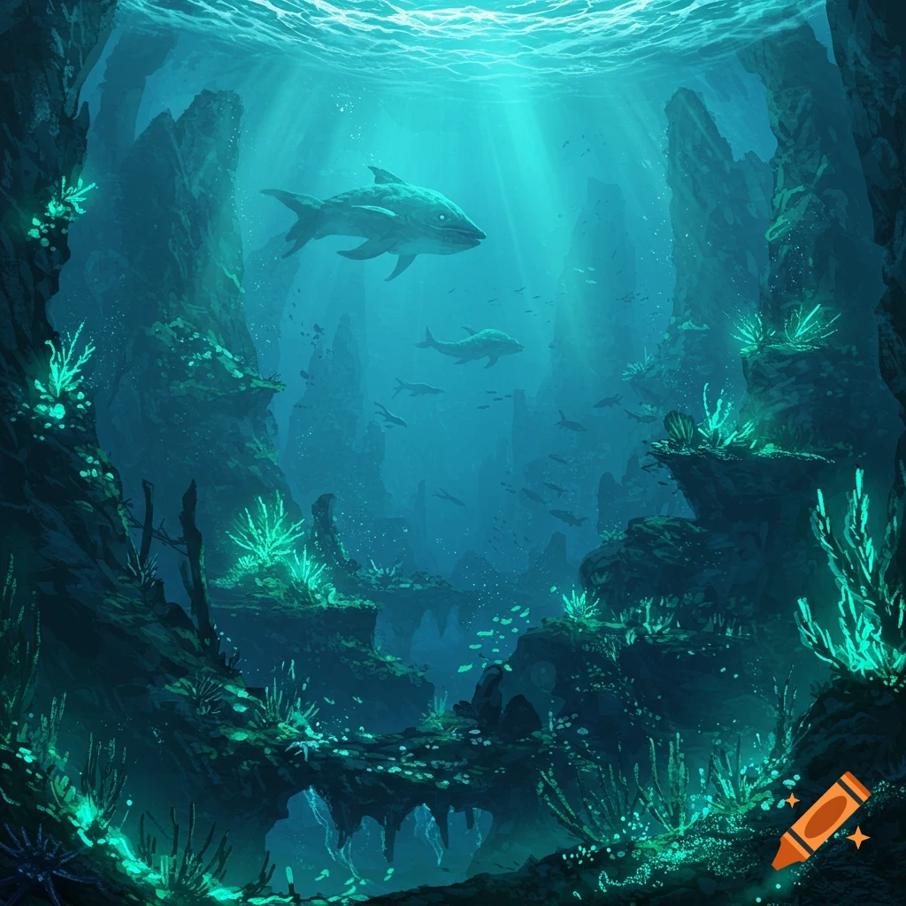 Deep underwater scene with sunbeams shining through, a large fish, smaller fish, and glowing green coral on rocky cliffs.