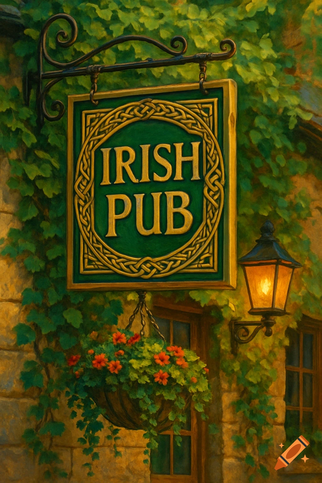 Painterly image of an Irish Pub sign in green and gold with Celtic knots, surrounded by ivy and a lit lantern on a stone wall.