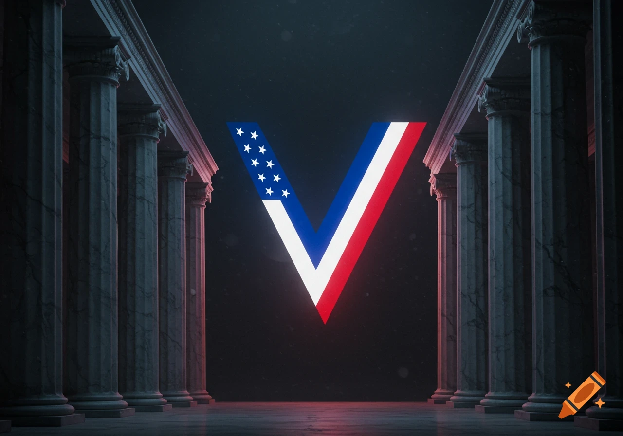 A glowing 'V' symbol with American flag colors between dark Greco-Roman columns in a dimly lit hall.