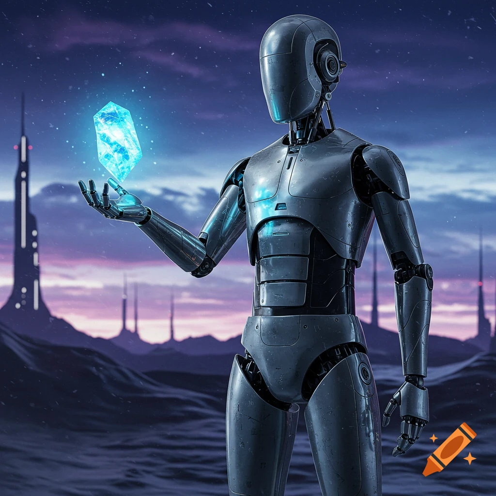 A silver robot holds a glowing blue crystal against a dramatic purple and blue futuristic landscape with tall spires.