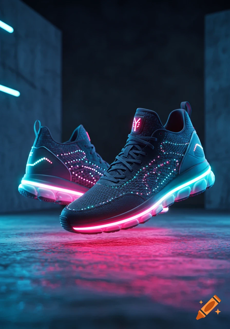 A pair of black futuristic sneakers with glowing neon pink and blue lights floating above a concrete floor, surrounded by vibrant light reflections.