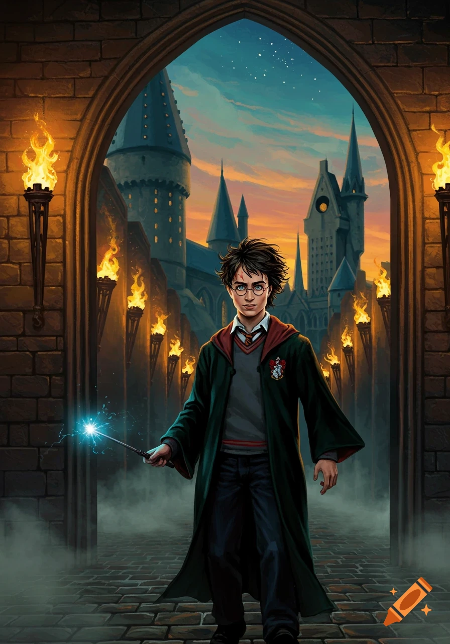 A young male character with a scar on his forehead, glasses, and a dark robe holds a glowing wand, standing in a stone archway leading to a magical castle at sunset.