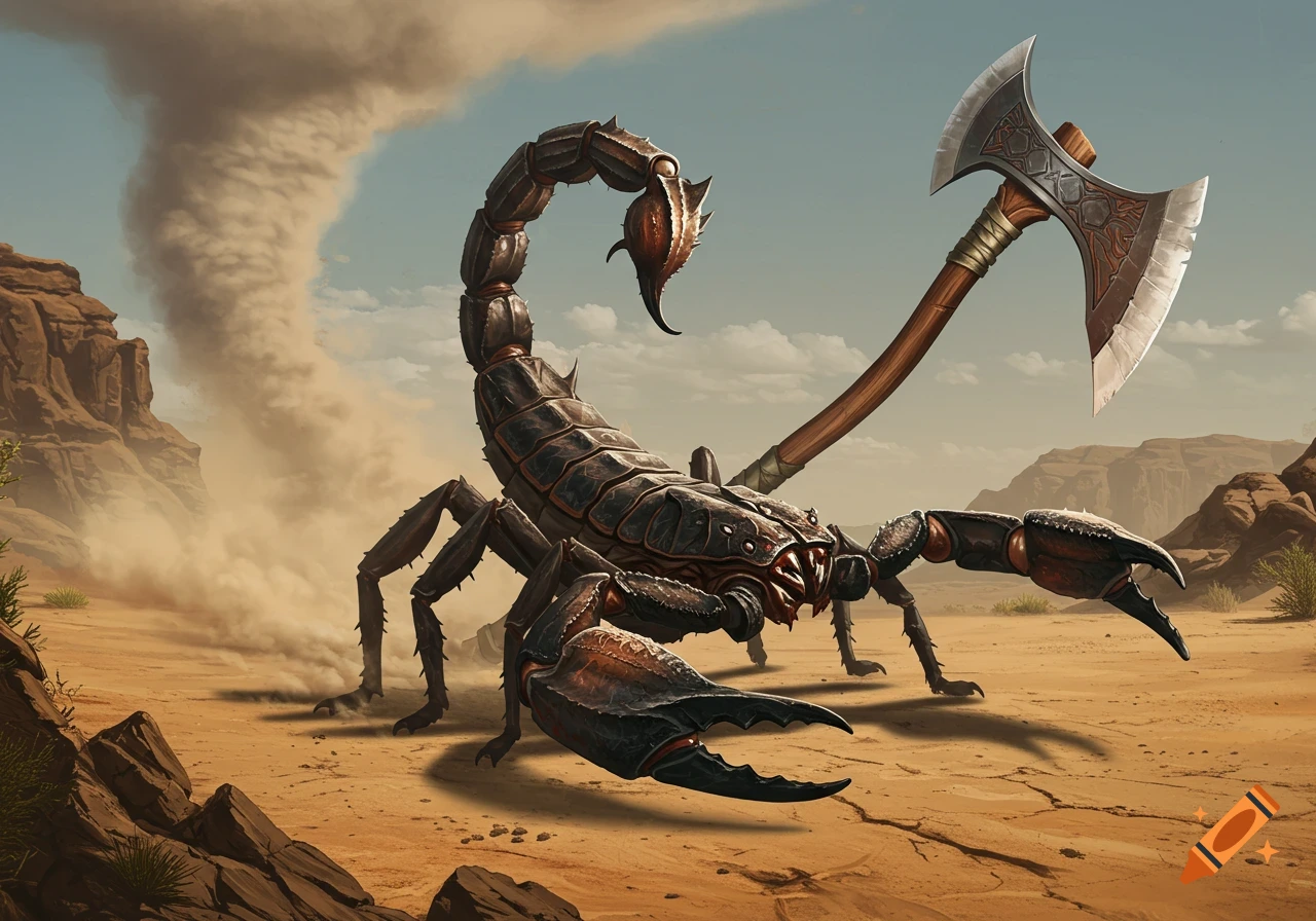 A large, detailed fantasy scorpion with an ornate double-bladed axe for a tail stands in a rocky desert with a dust devil.