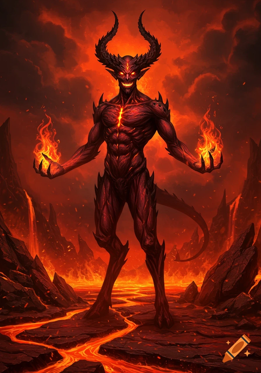 A horned red demon with glowing eyes stands in a hellish landscape of lava and fire, holding flames in its hands.