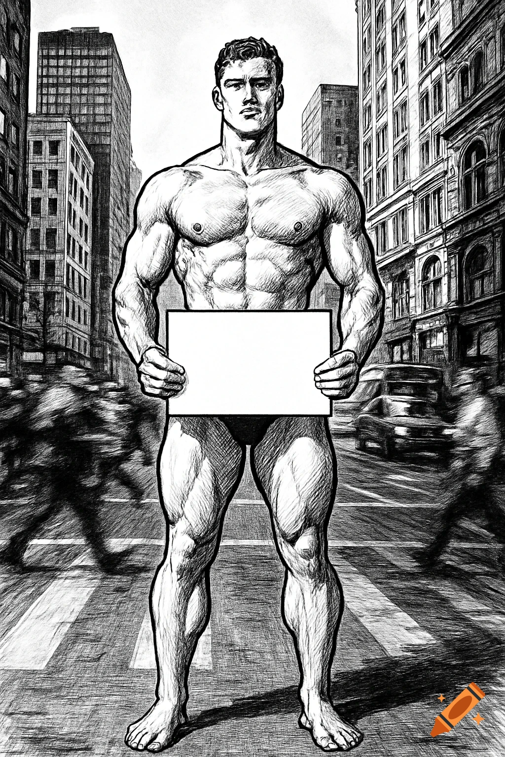 Black and white illustration of a muscular man in a Speedo standing on a busy city street, holding a blank white sign.