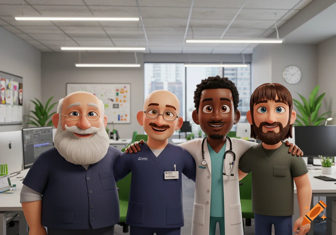 Four diverse cartoon men, one a doctor, smiling and posing together in a modern office.