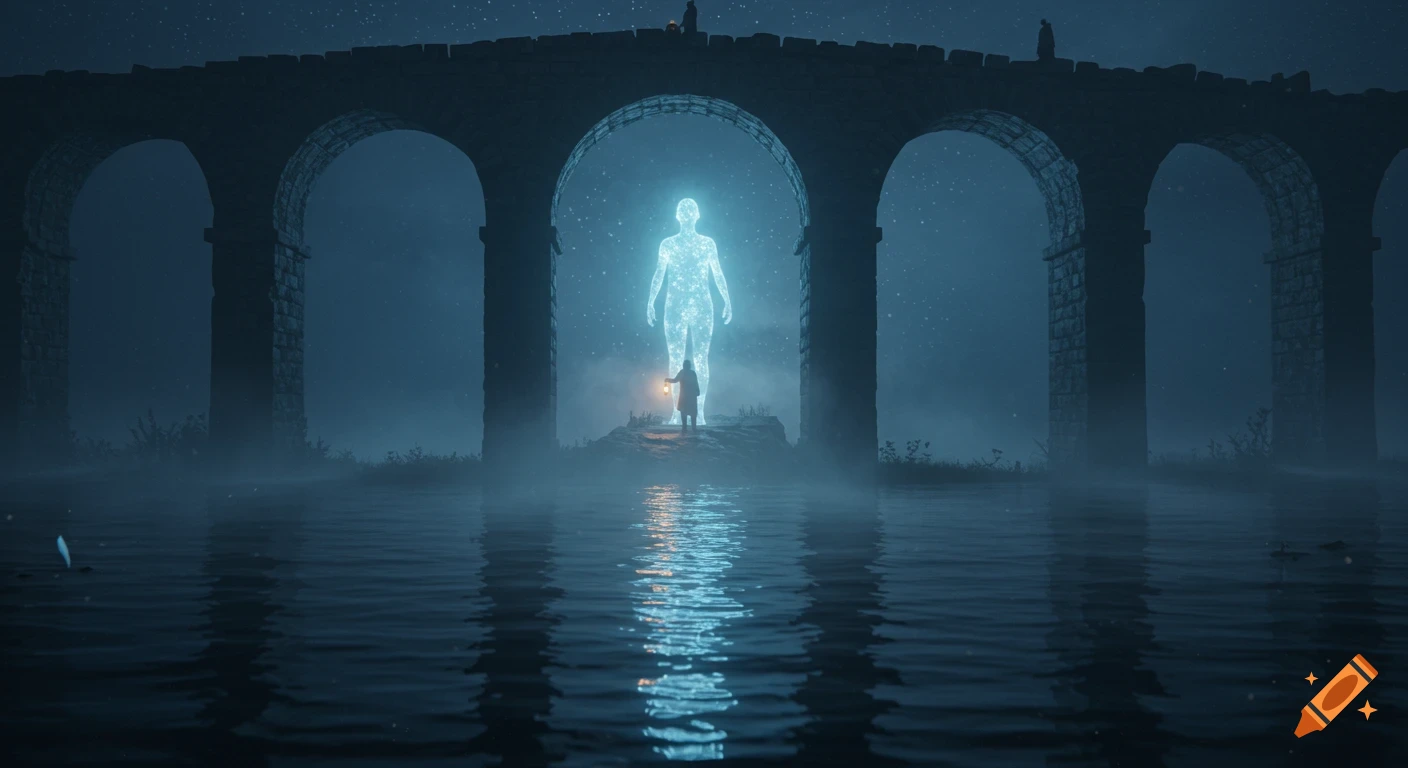 Ethereal glowing figure under a foggy ancient stone bridge at night, a person with a lantern approaches over water.