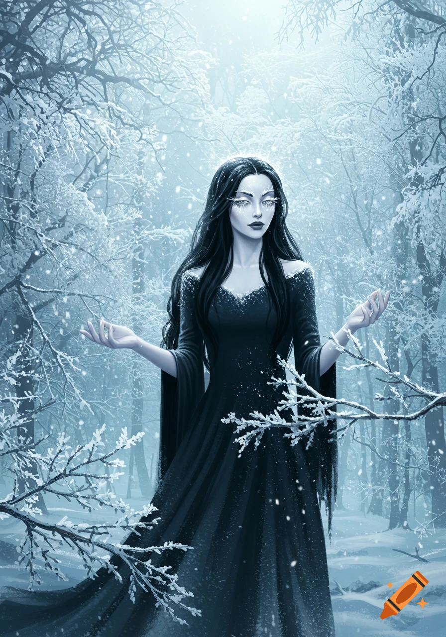 Pale woman with long black hair and a dark dress standing in a snowy forest with falling snow, fantasy art style.