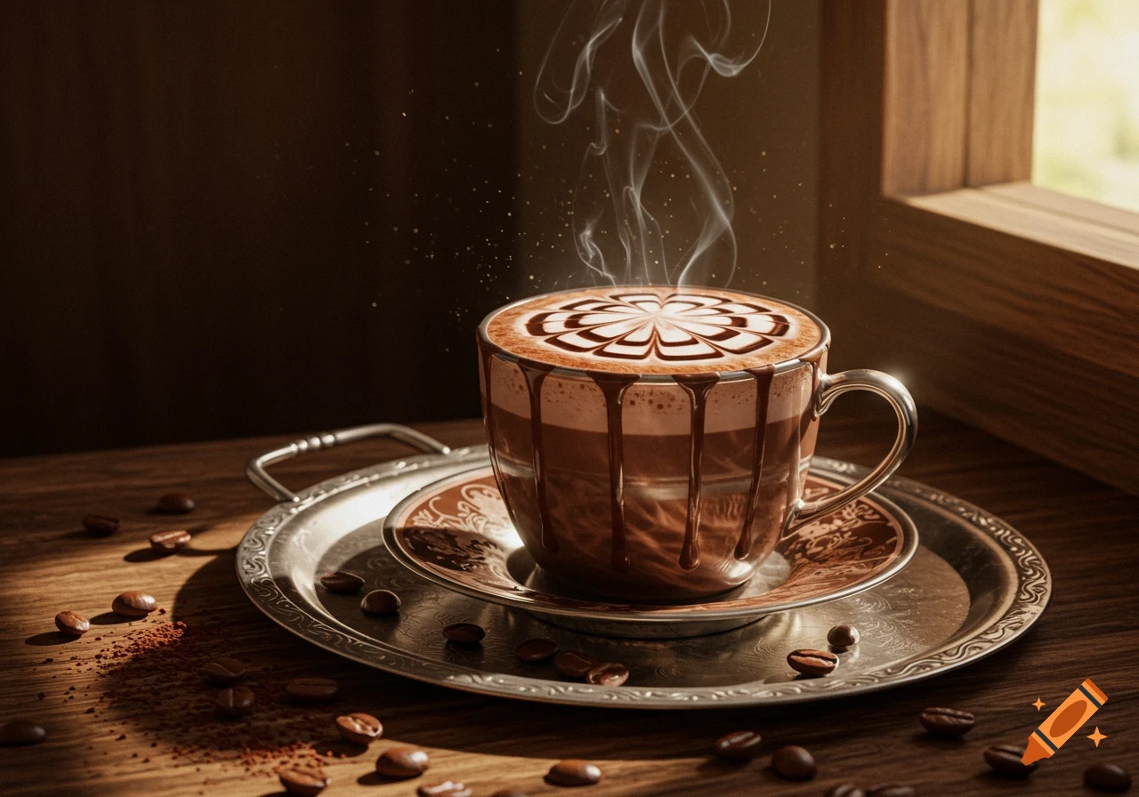 Steaming cup of chocolate coffee with ornate latte art on a silver tray with scattered coffee beans on a wooden table.