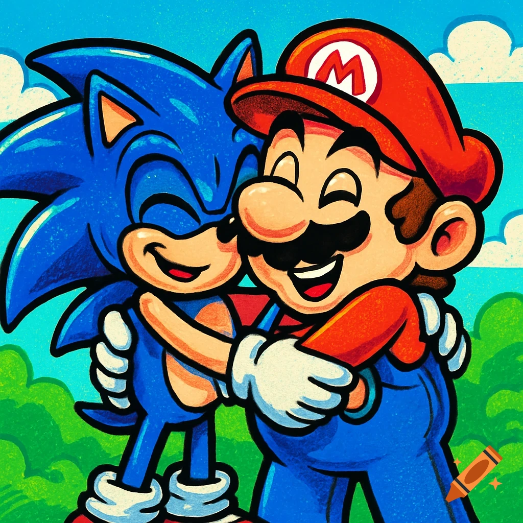 Cartoon of Sonic the Hedgehog and Mario smiling and hugging against a bright blue sky and green hills.