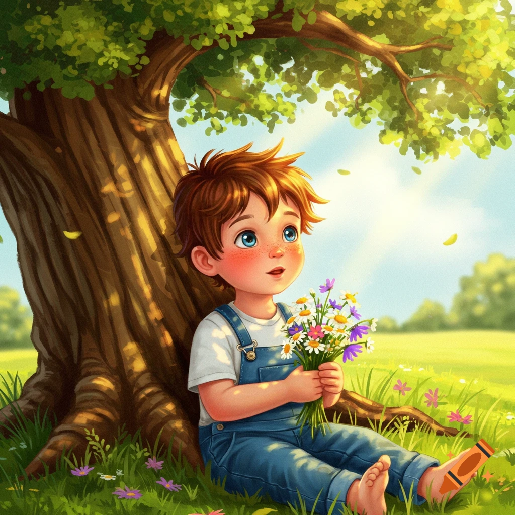 A sweet-faced cartoon boy with blue eyes sits barefoot under a leafy tree in a sunny field, holding wildflowers.
