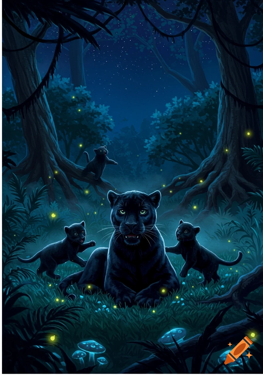 A black panther lies in a magical dark forest at night, surrounded by three playful kittens, glowing fireflies, and luminous mushrooms under a starry sky.