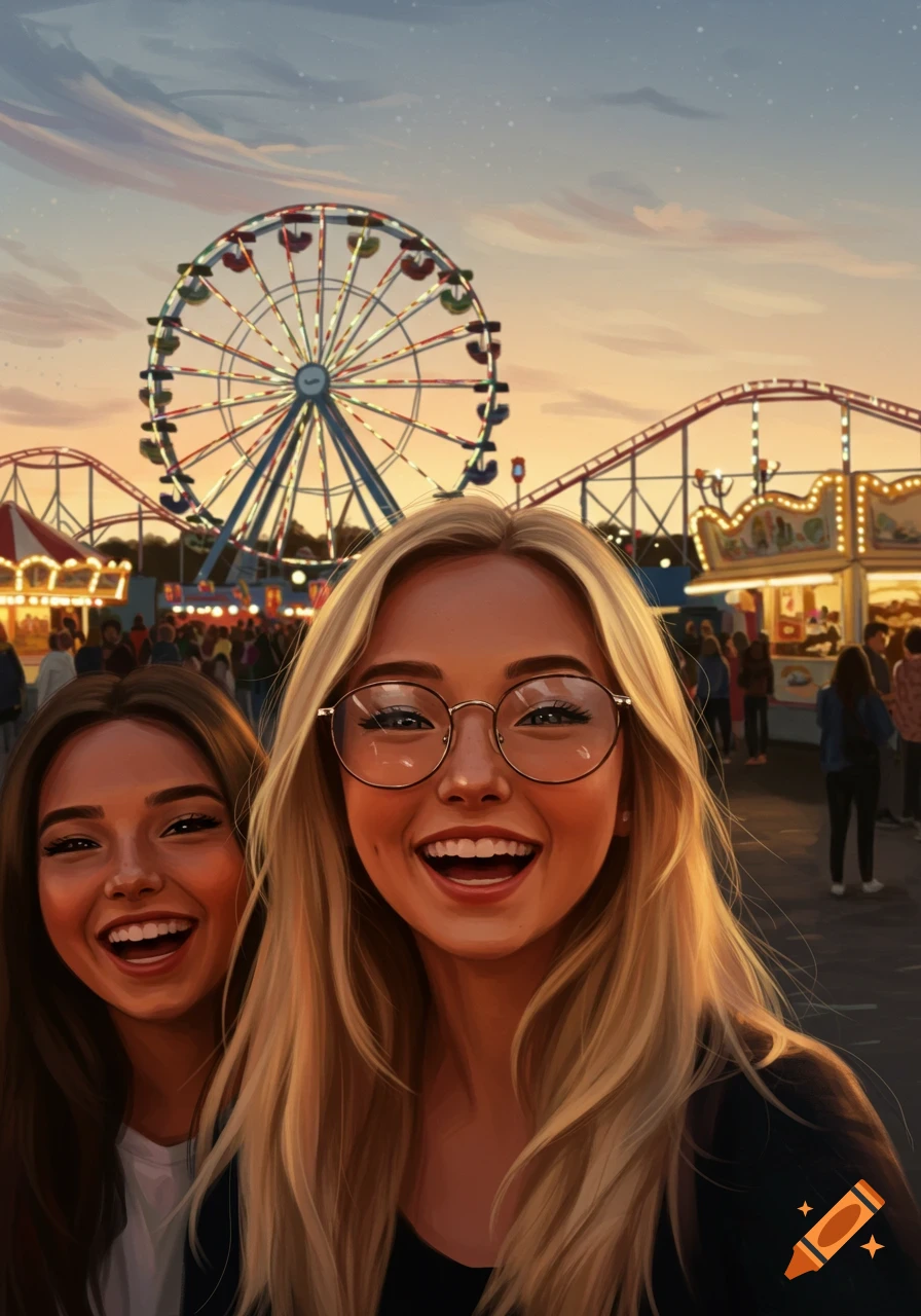 Digital art of two smiling women taking a selfie at an amusement park with a Ferris wheel and roller coaster in the background.