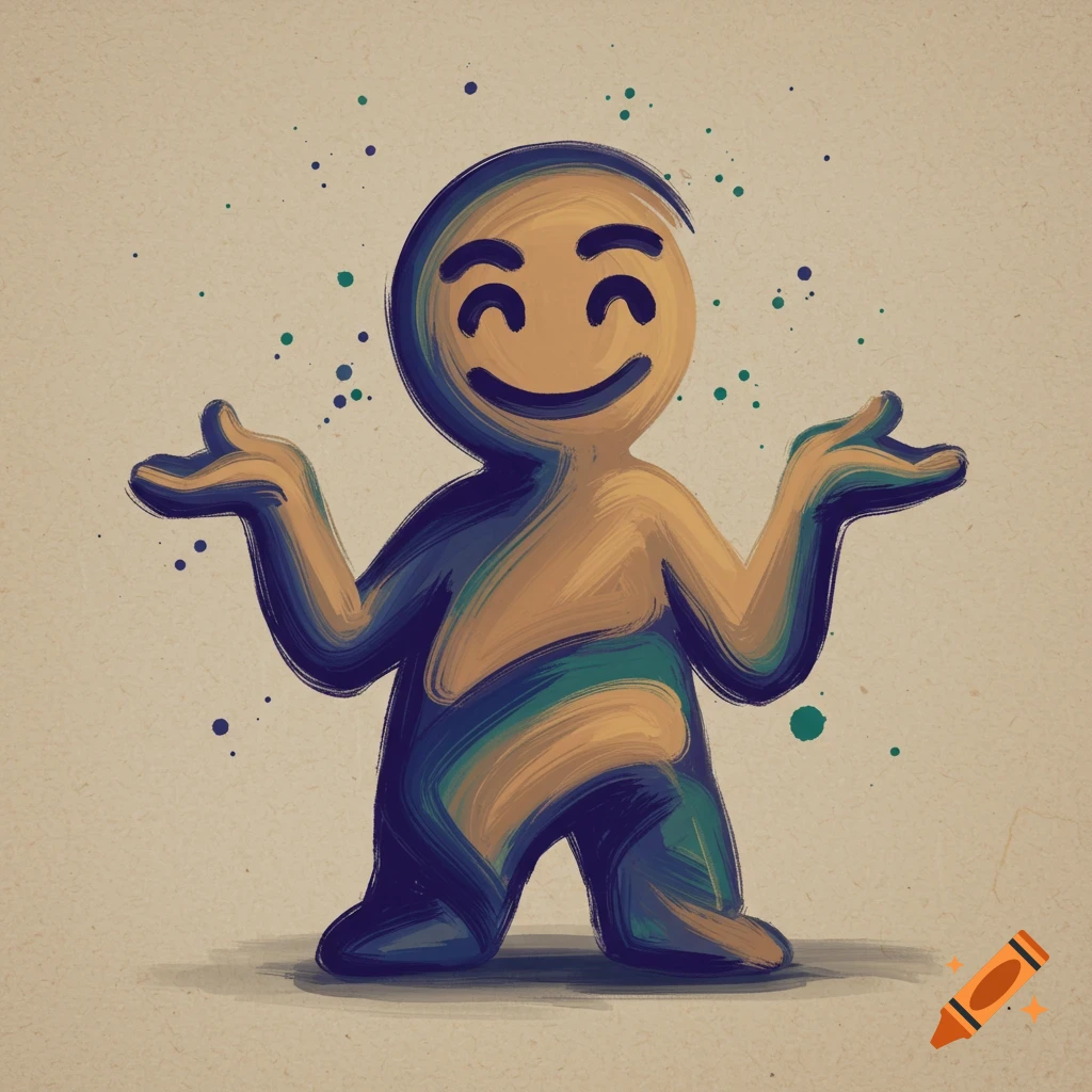 Stylized blue and yellow brush stroke figure shrugging with a happy face on a textured background.