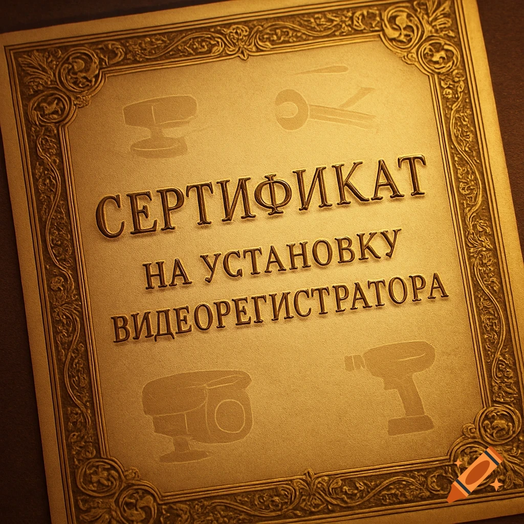 A golden embossed certificate with Cyrillic text and icons of a dashcam, hammer, and wrench.
