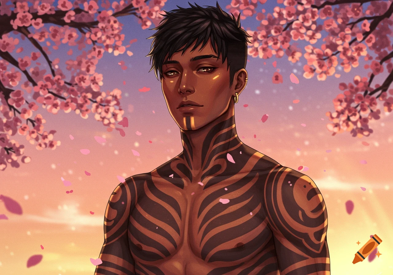 An anime-style illustration of a dark-skinned man with black hair and tribal tattoos on his chest, standing under cherry blossoms at sunset.