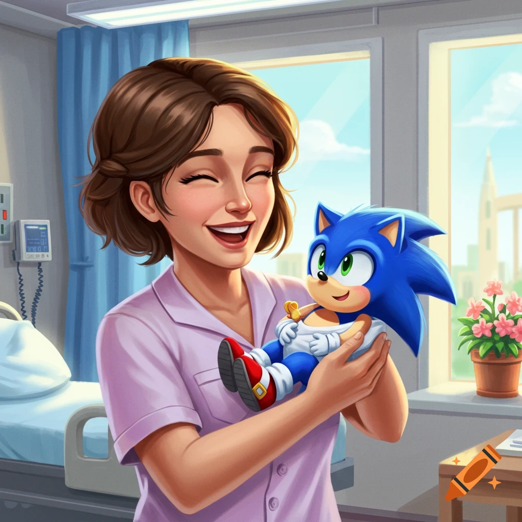 An illustrated happy woman holds baby Sonic the Hedgehog in a bright hospital room.