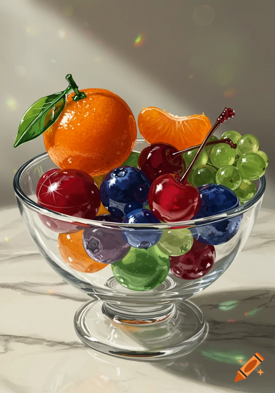 Detailed illustration of a glass bowl filled with colorful fruits like oranges, blueberries, cherries, and grapes on a marble surface.