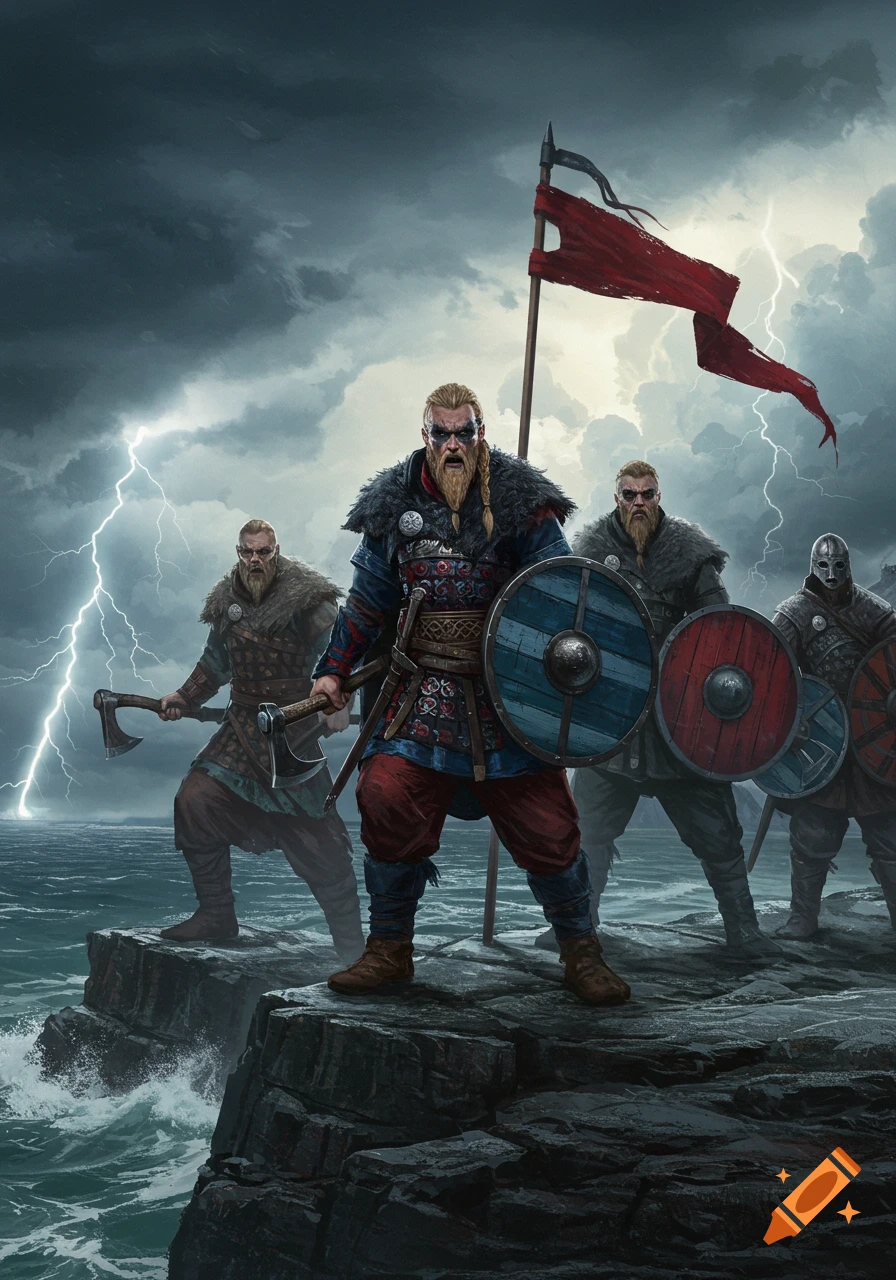 Four fierce Vikings with axes, shields, and a red banner stand on a rocky cliff by a stormy sea with lightning, in a detailed digital painting.