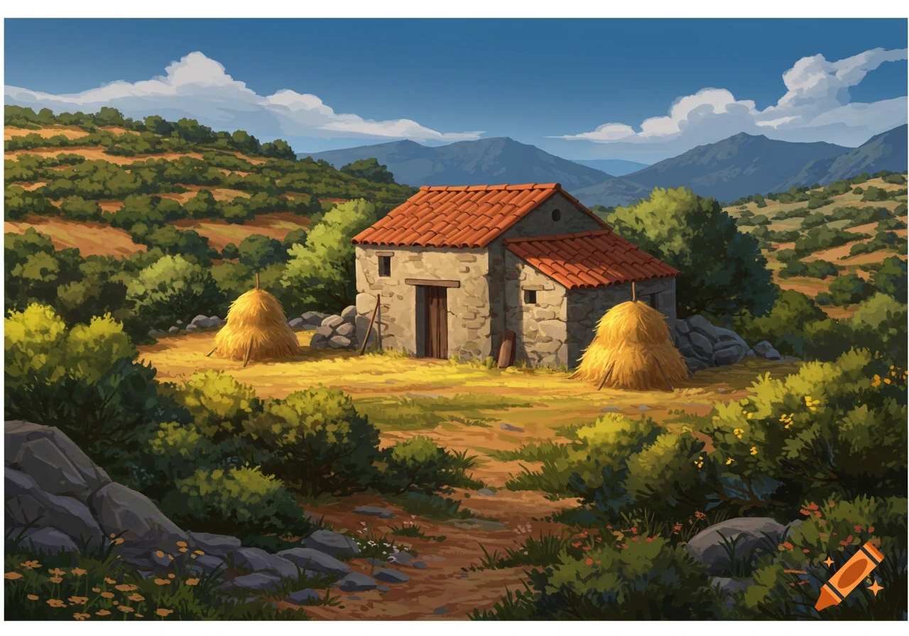 Illustrated rural landscape with a stone cabin, two haystacks, green hills, and distant mountains under a blue sky.