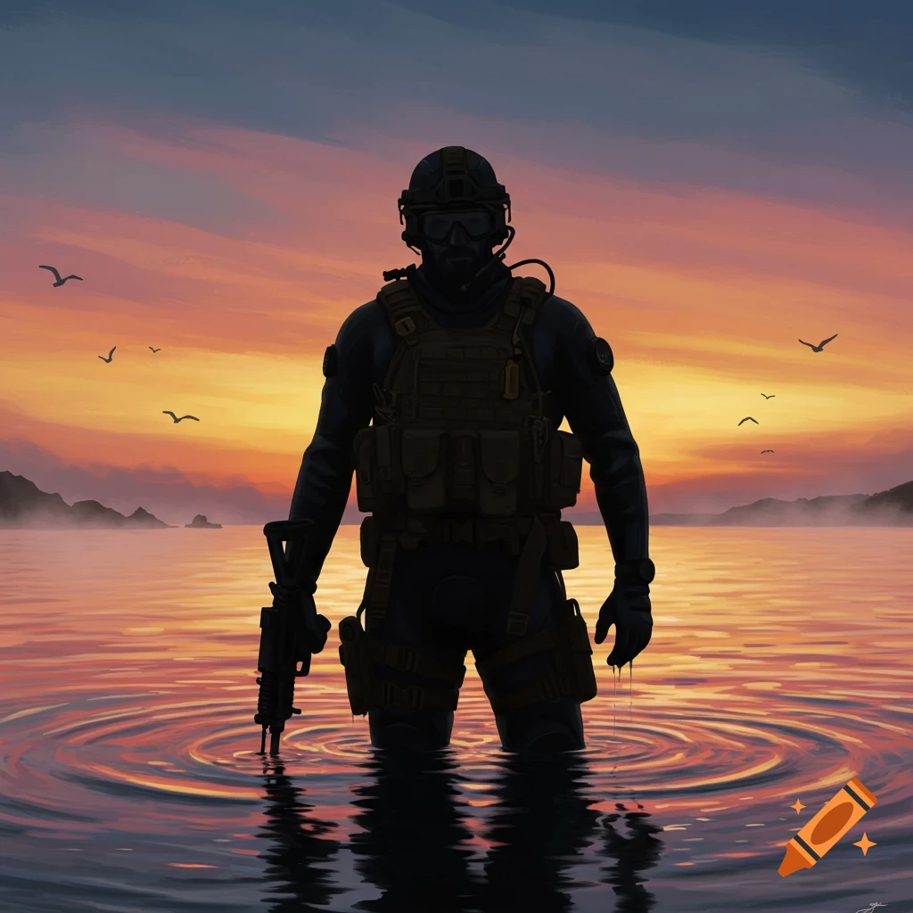 A silhouetted soldier in tactical gear stands waist-deep in water at sunset, holding a rifle, with birds flying in the background.
