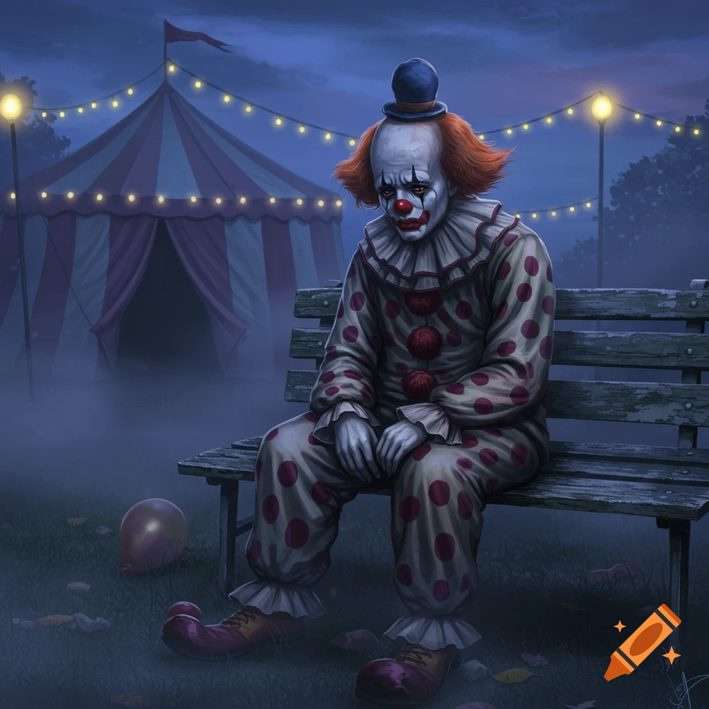 A sad clown in a polka-dot suit and tiny hat sits on a bench at night near a circus tent with string lights.