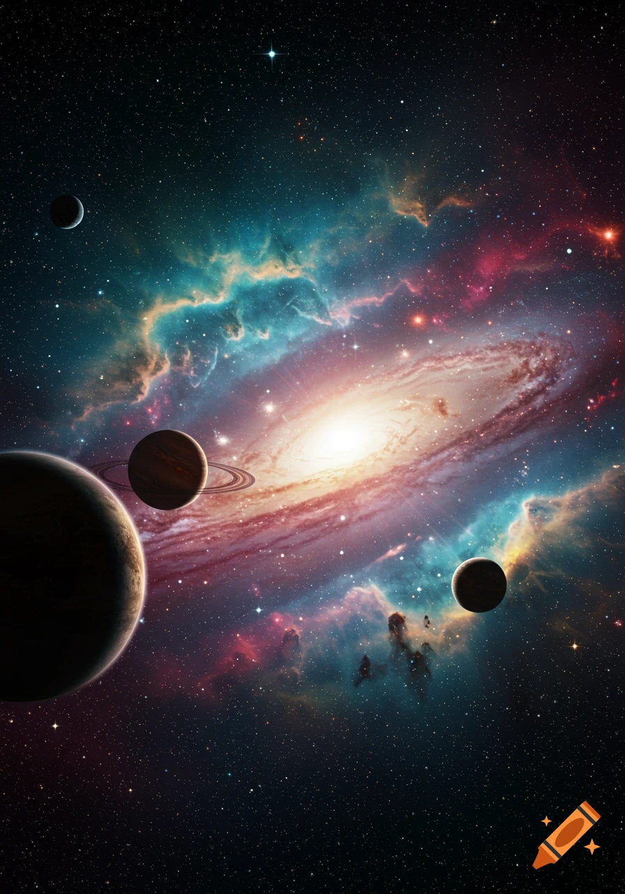 A vibrant spiral galaxy with a bright core, surrounded by colorful nebulae and several planets in a star-filled cosmos.