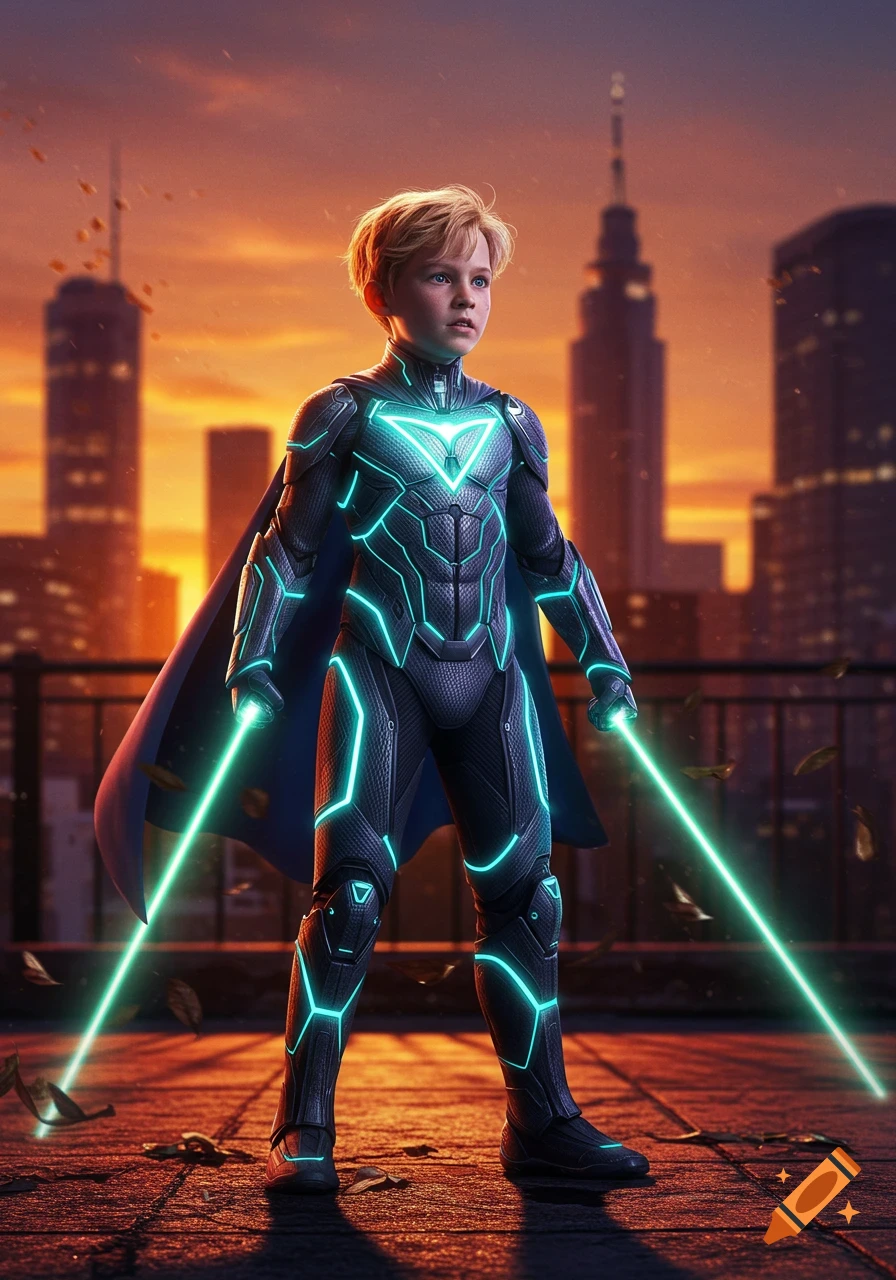 A young boy superhero in a glowing futuristic suit holds two green laser swords on a city rooftop at sunset.