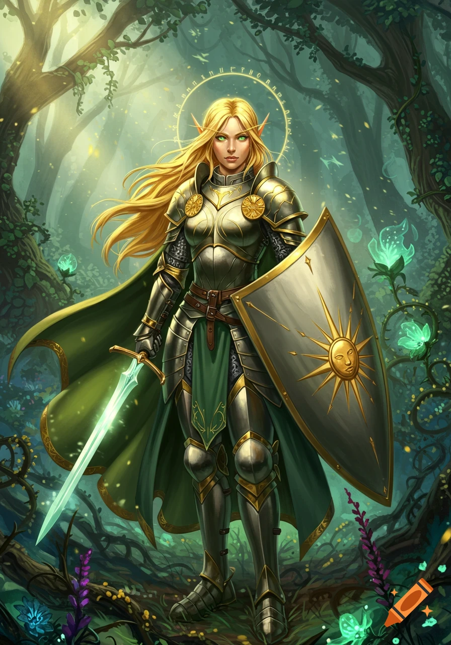 A female elf paladin with long blonde hair and green eyes stands in a magical forest, wearing golden and silver armor, holding a glowing sword and a shield with a sun emblem. Digital art style.