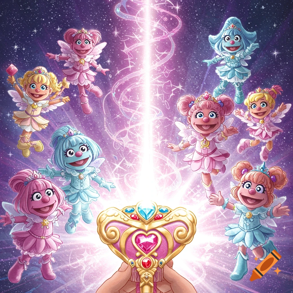 Colorful muppet-like magical girls in fairy outfits fly around a glowing scepter held by a hand, against a sparkling purple starry background.