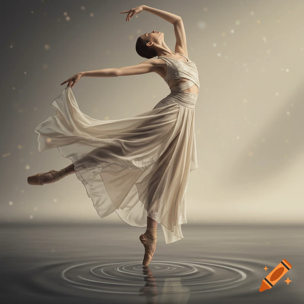 A ballerina in a flowing cream-colored dress performs en pointe in shallow water, creating ripples, with sparkling lights in the background.