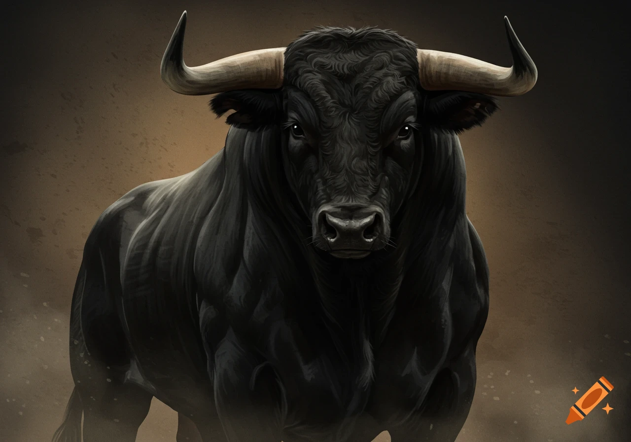 A close-up digital painting of a powerful, muscular black bull with large horns, looking directly forward against a dark, textured background.